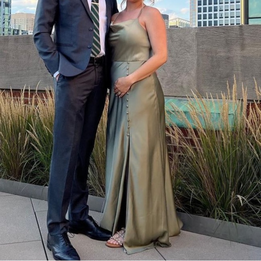 Revelry Satin Sage bridesmaid dress
